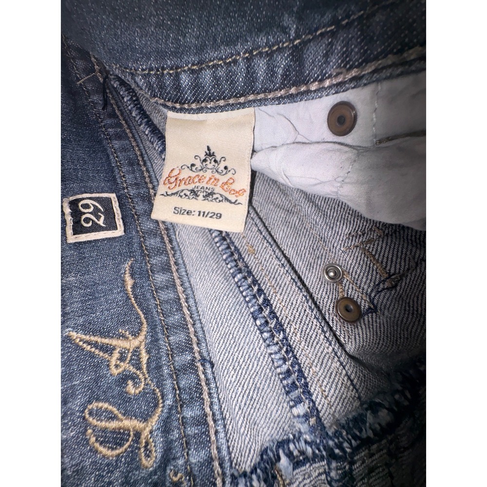 Grace in LA Womens Bootcut Jeans Blue Rhinestone Cross Distressed Size 11/29 - Picture 3 of 10